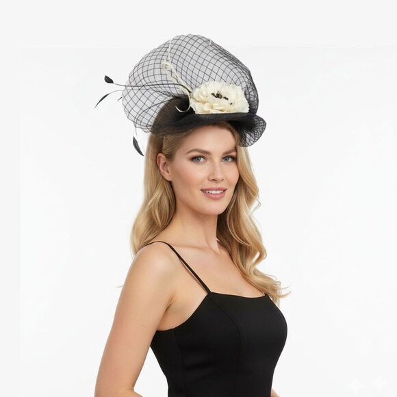 Sinamay Mesh Fascinator Feathers Flowers Hat Headband Wedding Party  Black Cream - Picture 1 of 10